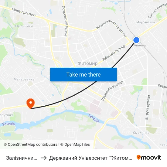 Залізничний Вокзал to Державний Університет ""Житомирська Політехніка"" map
