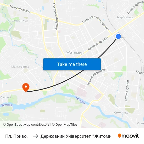 Пл. Привокзальна to Державний Університет ""Житомирська Політехніка"" map