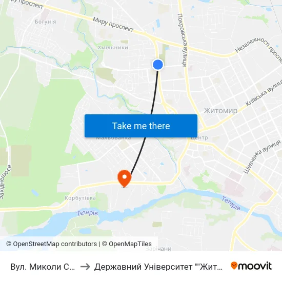 Вул. Миколи Сціборського to Державний Університет ""Житомирська Політехніка"" map