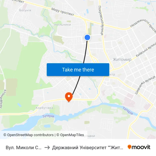 Вул. Миколи Сціборського to Державний Університет ""Житомирська Політехніка"" map