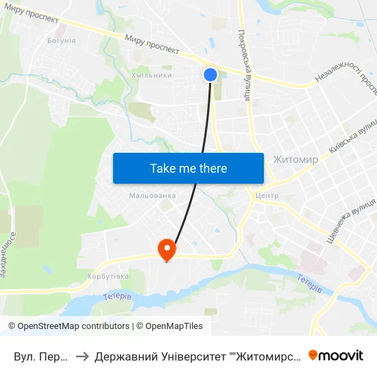 Вул. Перемоги to Державний Університет ""Житомирська Політехніка"" map