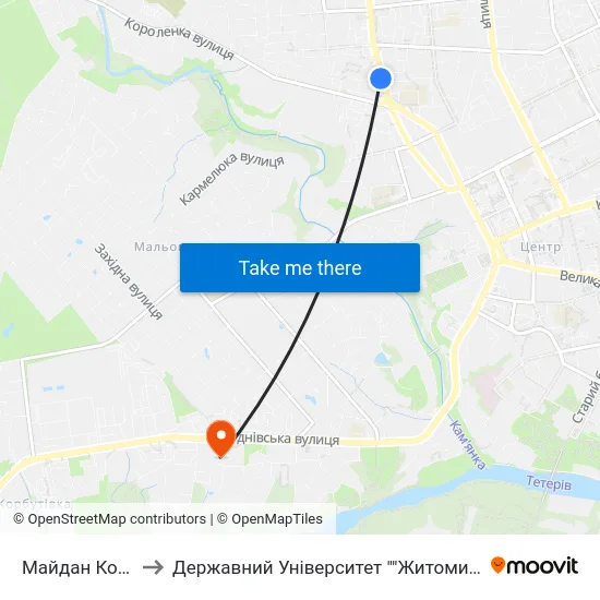 Майдан Короленка to Державний Університет ""Житомирська Політехніка"" map