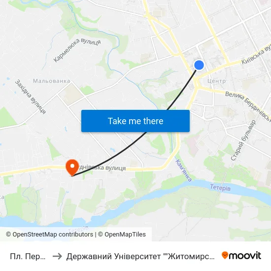 Пл. Перемоги to Державний Університет ""Житомирська Політехніка"" map