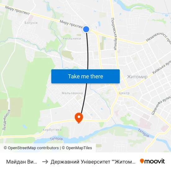 Майдан Визволення to Державний Університет ""Житомирська Політехніка"" map