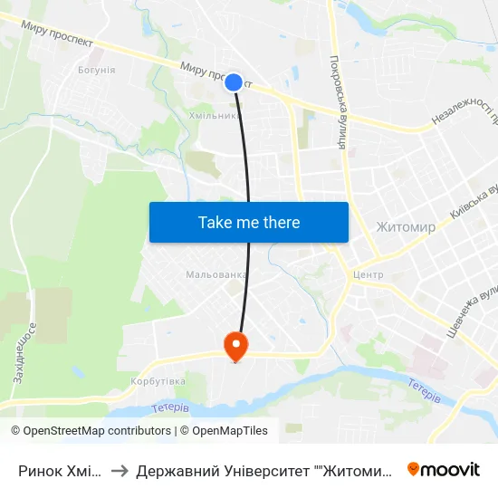 Ринок Хмільники to Державний Університет ""Житомирська Політехніка"" map