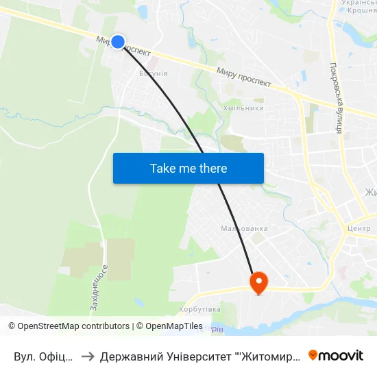 Вул. Офіцерська to Державний Університет ""Житомирська Політехніка"" map