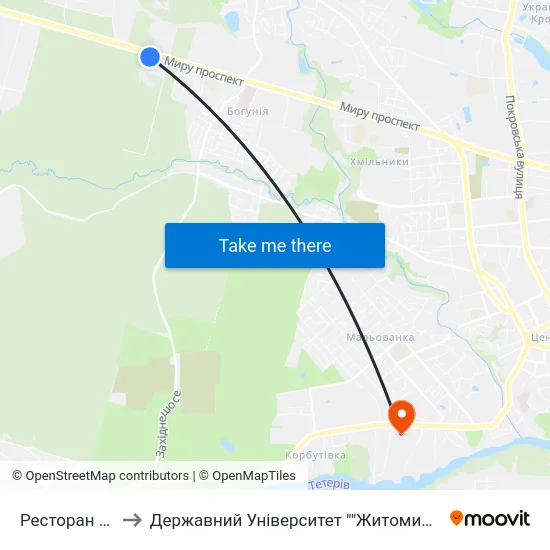 Ресторан Ялинка to Державний Університет ""Житомирська Політехніка"" map