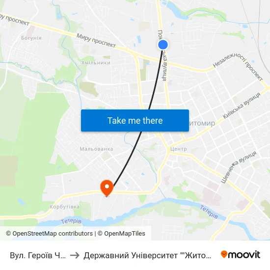 Вул. Героїв Чорнобиля to Державний Університет ""Житомирська Політехніка"" map