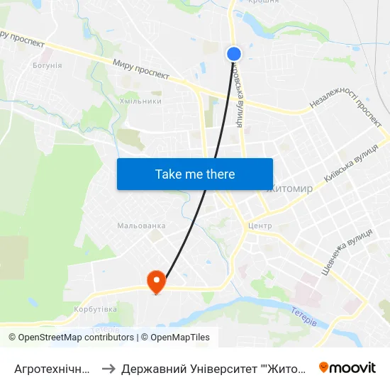 Агротехнічний Коледж to Державний Університет ""Житомирська Політехніка"" map