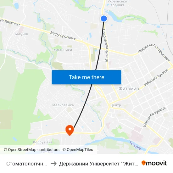 Стоматологічна Поліклініка to Державний Університет ""Житомирська Політехніка"" map