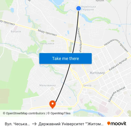 Вул. Чеська Крошня to Державний Університет ""Житомирська Політехніка"" map
