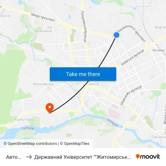 Автопарк to Державний Університет ""Житомирська Політехніка"" map