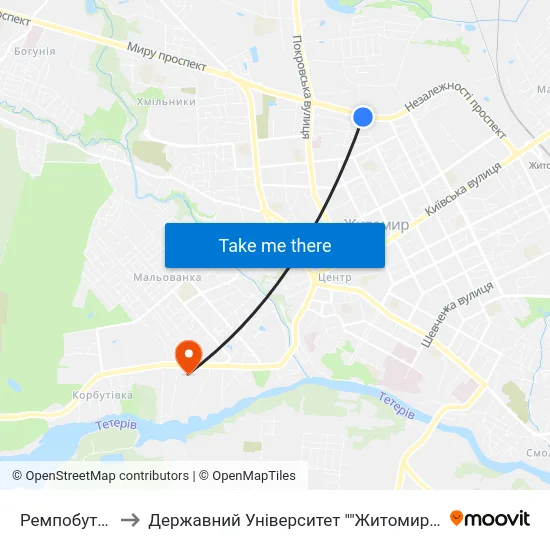 Ремпобуттехніка to Державний Університет ""Житомирська Політехніка"" map