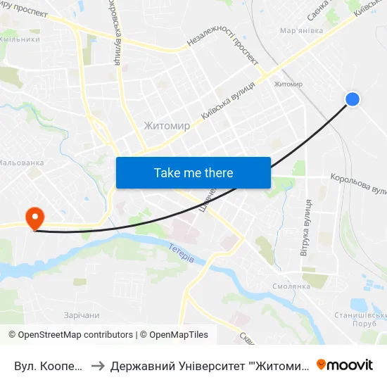 Вул. Кооперативна to Державний Університет ""Житомирська Політехніка"" map