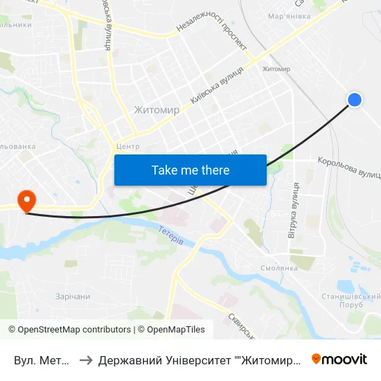 Вул. Металістів to Державний Університет ""Житомирська Політехніка"" map