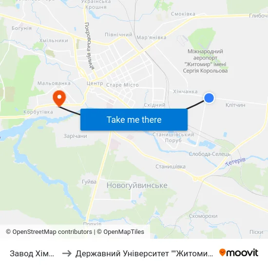 Завод Хімволокно to Державний Університет ""Житомирська Політехніка"" map