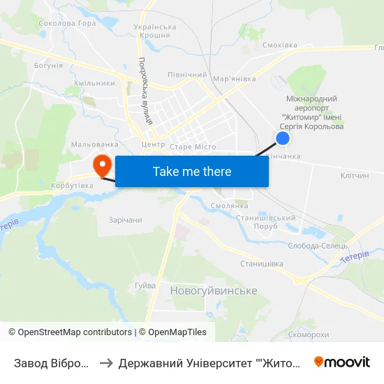 Завод Вібросепаратор to Державний Університет ""Житомирська Політехніка"" map