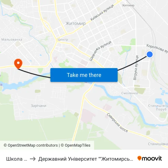 Школа №30 to Державний Університет ""Житомирська Політехніка"" map