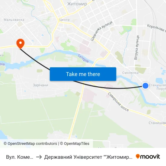 Вул. Комерційна to Державний Університет ""Житомирська Політехніка"" map