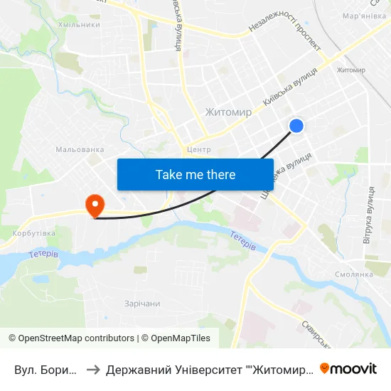 Вул. Бориса Тена to Державний Університет ""Житомирська Політехніка"" map