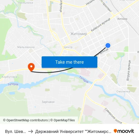 Вул. Шевченка to Державний Університет ""Житомирська Політехніка"" map