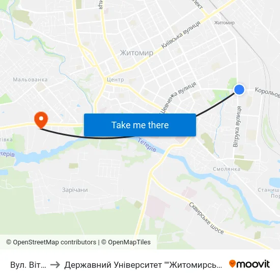 Вул. Вітрука to Державний Університет ""Житомирська Політехніка"" map