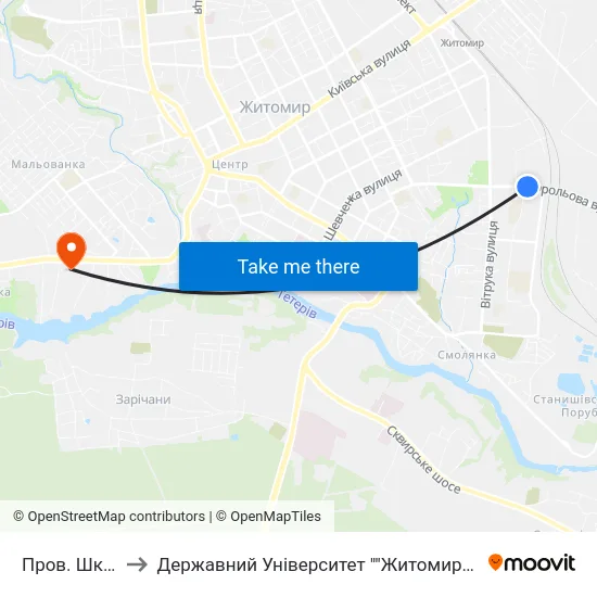 Пров. Шкільний to Державний Університет ""Житомирська Політехніка"" map