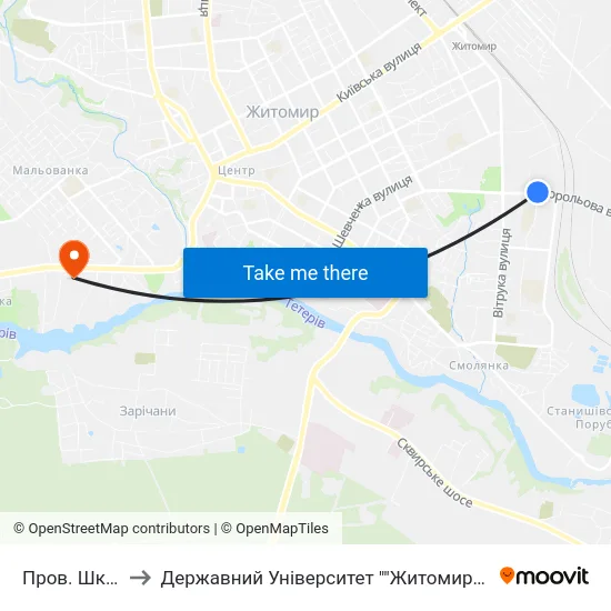 Пров. Шкільний to Державний Університет ""Житомирська Політехніка"" map