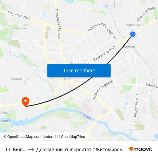Ш. Київське to Державний Університет ""Житомирська Політехніка"" map