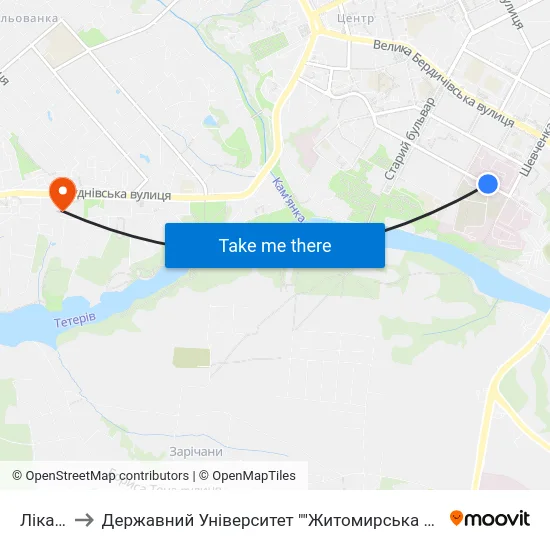 Лікарні to Державний Університет ""Житомирська Політехніка"" map