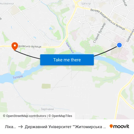 Лікарні to Державний Університет ""Житомирська Політехніка"" map