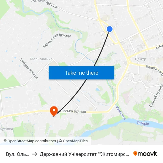 Вул. Ольжича to Державний Університет ""Житомирська Політехніка"" map