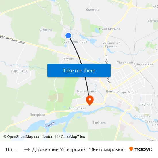 Пл. Миру to Державний Університет ""Житомирська Політехніка"" map