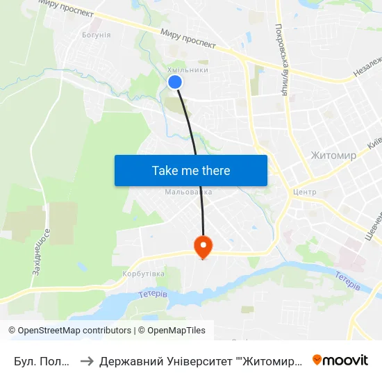 Бул. Польський to Державний Університет ""Житомирська Політехніка"" map