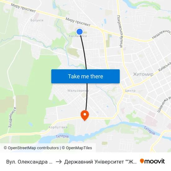 Вул. Олександра Клосовського 10 to Державний Університет ""Житомирська Політехніка"" map