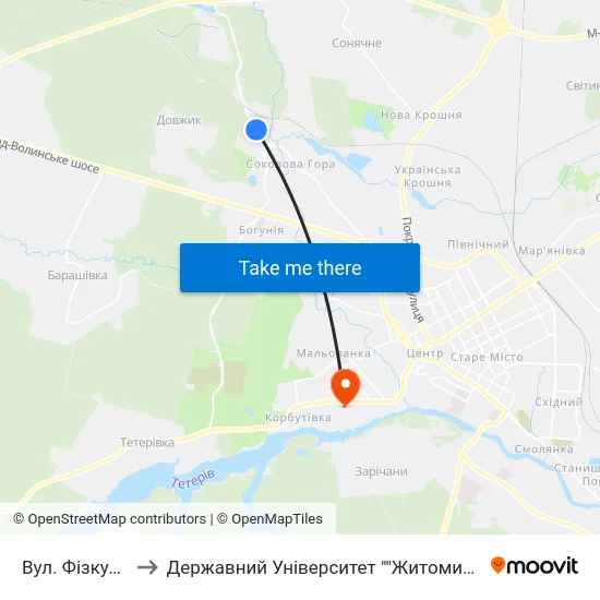 Вул. Фізкультурна to Державний Університет ""Житомирська Політехніка"" map