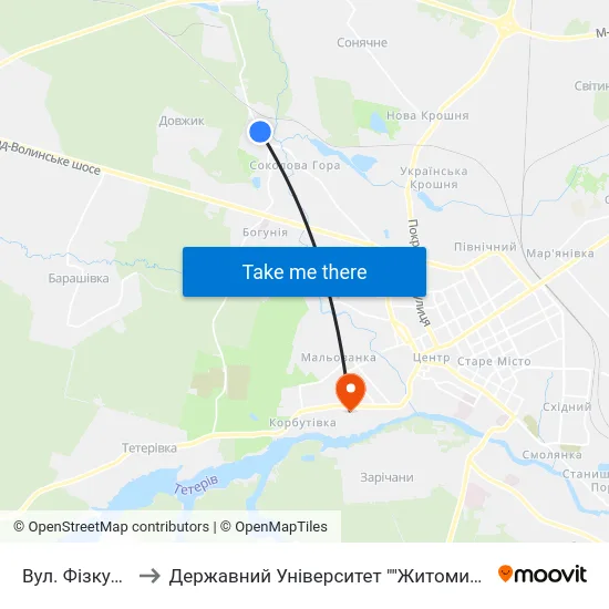 Вул. Фізкультурна to Державний Університет ""Житомирська Політехніка"" map