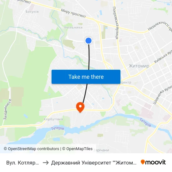 Вул. Котляревського to Державний Університет ""Житомирська Політехніка"" map