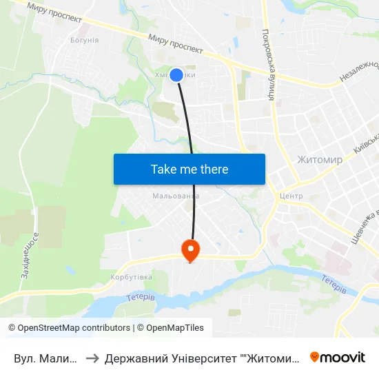 Вул. Маликова 30 to Державний Університет ""Житомирська Політехніка"" map