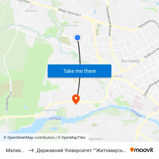 Маликова 6 to Державний Університет ""Житомирська Політехніка"" map
