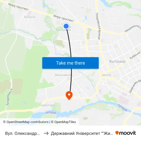 Вул. Олександра Клосовського to Державний Університет ""Житомирська Політехніка"" map