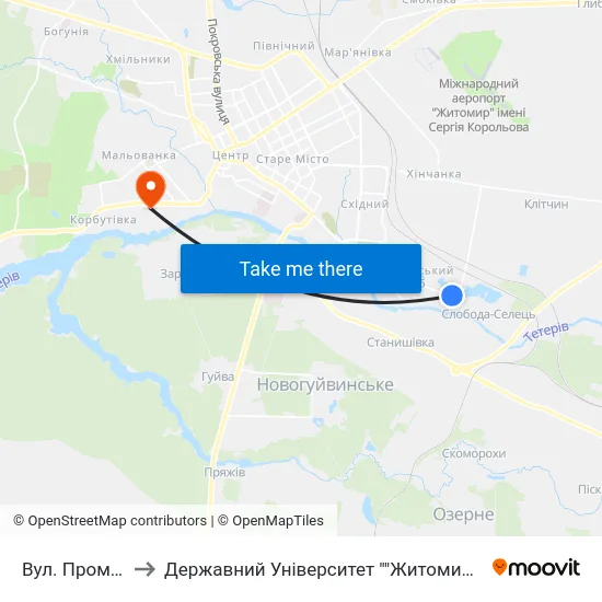 Вул. Промислова to Державний Університет ""Житомирська Політехніка"" map
