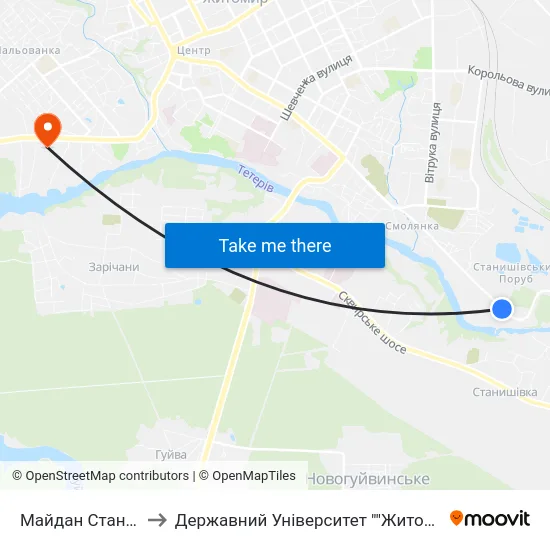 Майдан Станишівський to Державний Університет ""Житомирська Політехніка"" map
