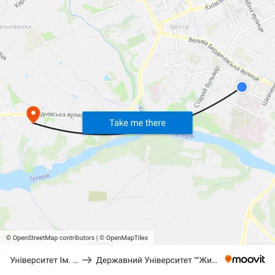 Університет Ім. Івана Франка to Державний Університет ""Житомирська Політехніка"" map