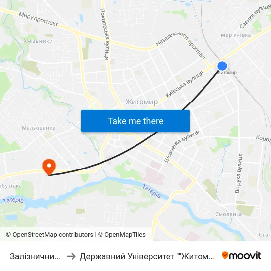 Залізничний Вокзал to Державний Університет ""Житомирська Політехніка"" map