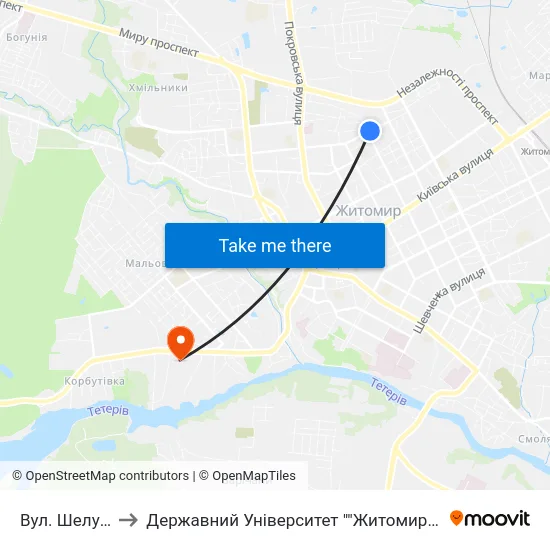 Вул. Шелушкова to Державний Університет ""Житомирська Політехніка"" map