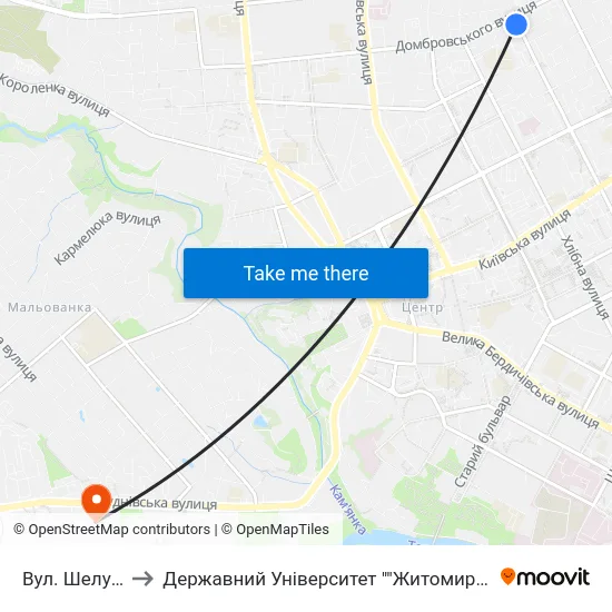Вул. Шелушкова to Державний Університет ""Житомирська Політехніка"" map