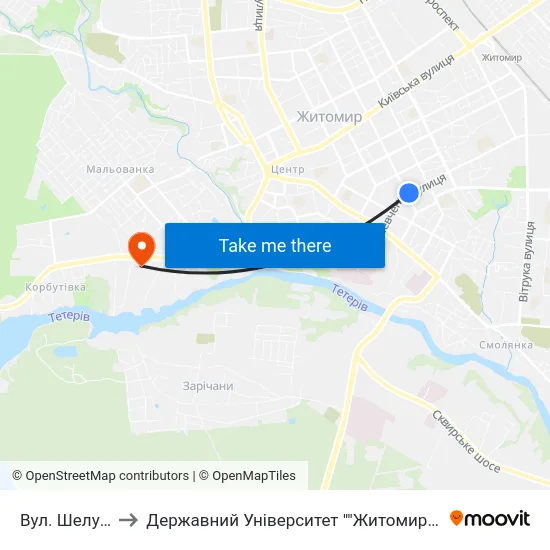 Вул. Шелушкова to Державний Університет ""Житомирська Політехніка"" map