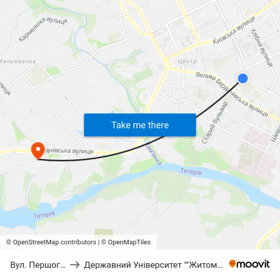 Вул. Першого Травня to Державний Університет ""Житомирська Політехніка"" map
