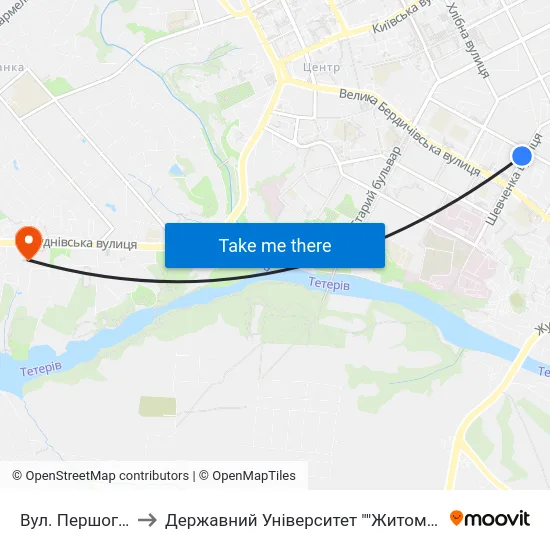 Вул. Першого Травня to Державний Університет ""Житомирська Політехніка"" map